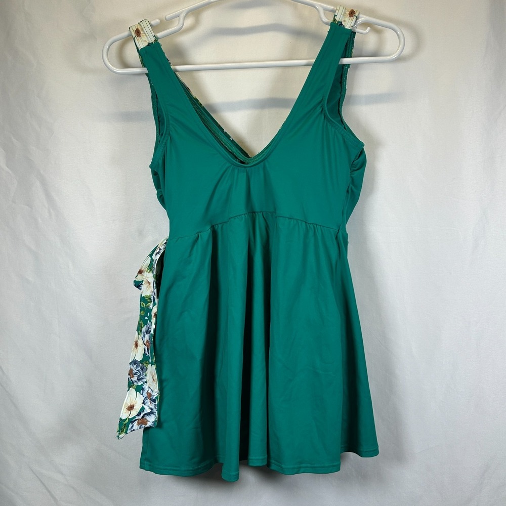 Land's End Women's Petite 4 Side Tie Mini Green Floral Swim Dress Swimsuit 1-pc - Picture 4 of 10